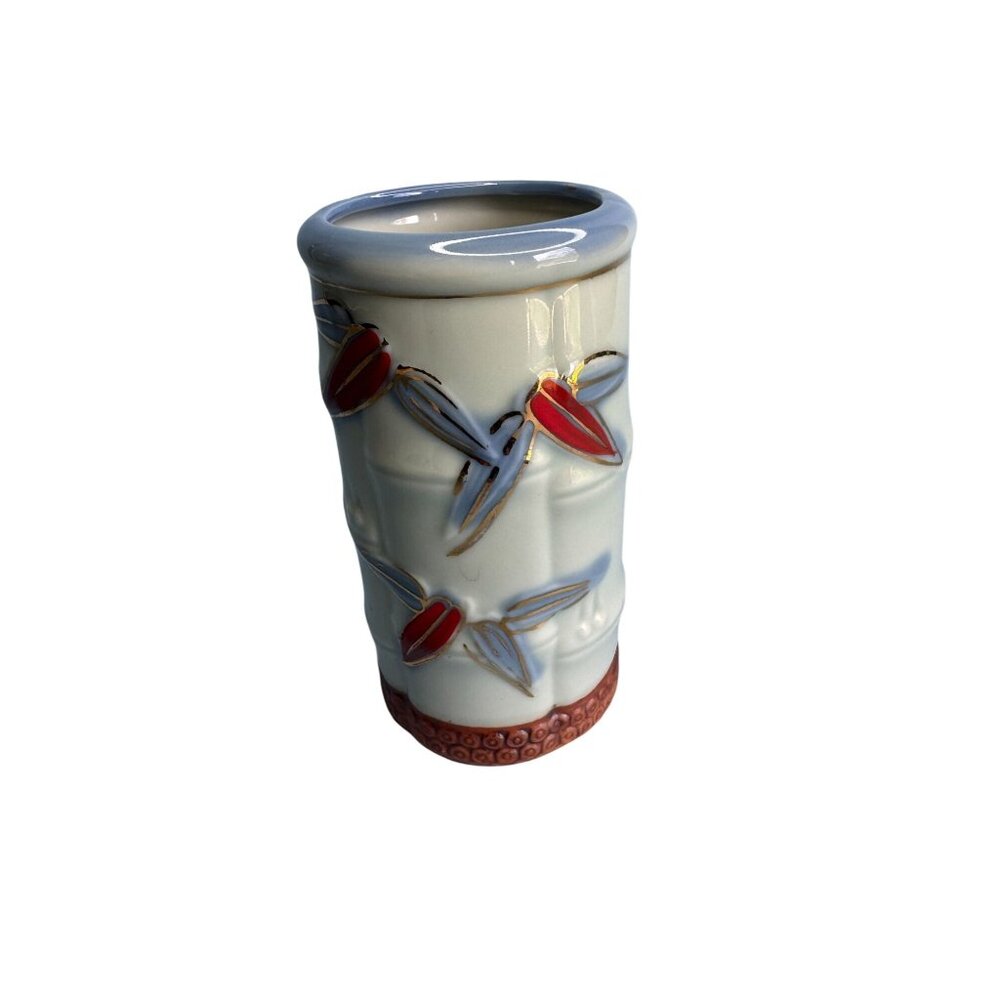 Handcrafted Ceramic Bamboo-Inspired Vase With Red & Gold Dragonfly Design Japan - Picture 1 of 7